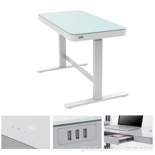 Stand Up Desk Glass Top Black Frame Vanity Makeup Top Modern Computer Glass Sit Stand Up Desk With 3 Preset Buttons Factory